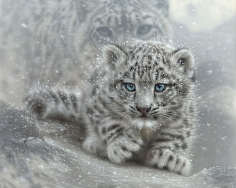 Snow Leopard Cub, Snow Leopard Painting, Cute Kitten Art, Baby Animal Print, Nursery Wall Art, Animal Illustration, Drawing, Canvas Artwork