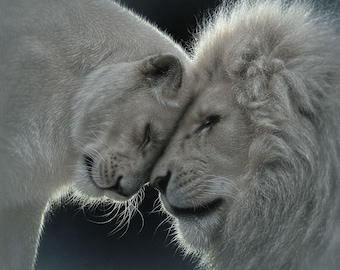 White Lion Art Print, White Lion Painting, Love, Affection, Big Cats, Wild, Wildlife Art, Animal Portrait, Nature Wall Art, Canvas