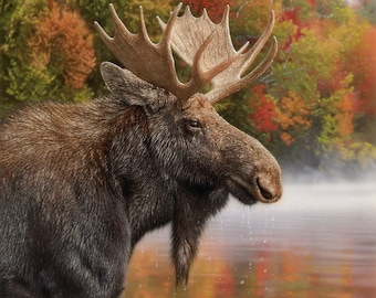 Arte de alces, pintura de alce macho, impresión de vida silvestre, obras de arte de animales, decoración de otoño, arte de pared de cabaña