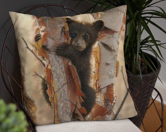 Black Bear Pillow, Bear Cub Throw Pillow, Animal Decorative Cushion, Autumn Home Decor, Wildlife Art, Fall Decoration, Cute Animal Gift
