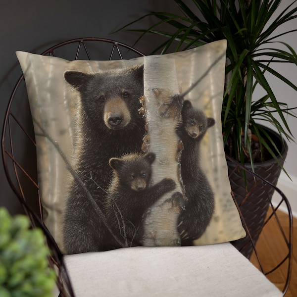Black Bear Throw Pillow, Bear Decorative Cushion, Mother & Cubs Painting, Autumn Home Decor, Wildlife Gift, Lodge, Cabin, Animal, Nature