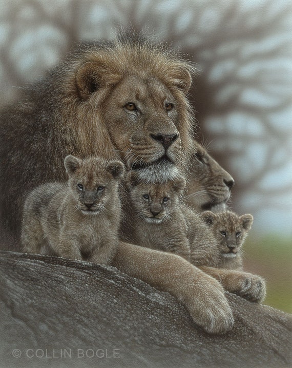 Lion Painting, Lion Family Print, Lion Wall Art, Lion Cub Print, Wildlife Art, Animal Portrait, African Artwork, Nature Art Print, Canvas