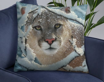 Cougar Throw Pillow, Mountain Lion Cushion, Wildlife Art Decor, Winter Home Decor, Animal Pillow Case, Cougar Painting, Lodge, Cabin, Snow