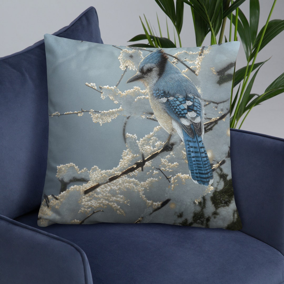 Blue Jay Throw Pillow, Blue Jay Decorative Cushion, Bird Pillow, Bird