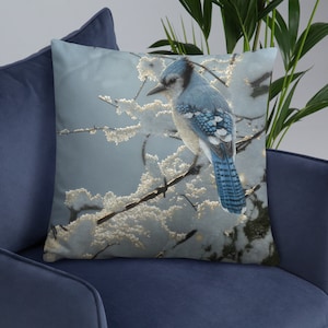 Blue Jay Throw Pillow, Blue Jay Decorative Cushion, Bird Pillow, Bird Art Decor, Wildlife Painting, Bird Lover Gift, Winter Decor, Snow