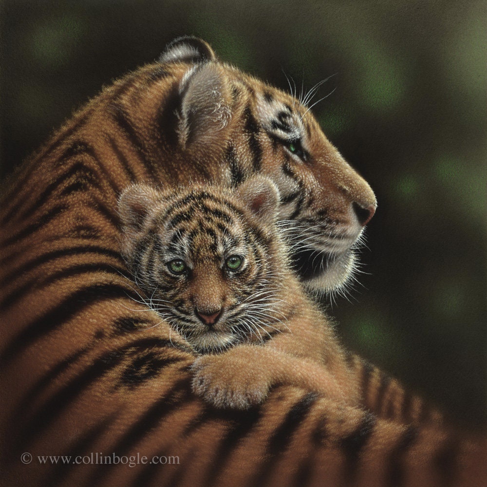 Mother & Baby Tiger Painting, Tiger Cub Art Print, Nursery Wall Art