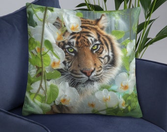 Tiger Throw Pillow, Tiger Decorative Cushion, Tiger Artwork, Tropical Home Decor, Tiger Lover Gift, Wildlife, Animal, Orchid, Pillow Cover