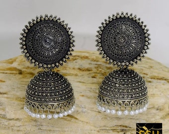 Black Silver Jhumka Earrings