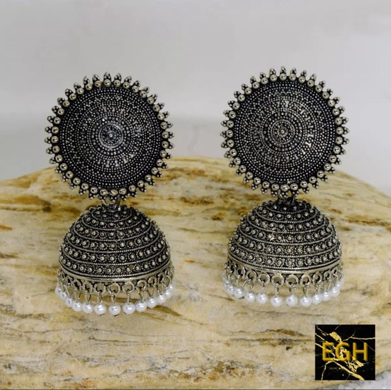 Silver Toned Contemporary Jhumka Earrings – Silvermerc Designs