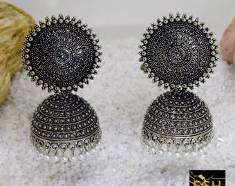 ElegantGoldHouse Black Silver Jhumka Earrings