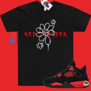 Red Thunder Flowers T-Shirt Matching Jordan 4 Red Thunder