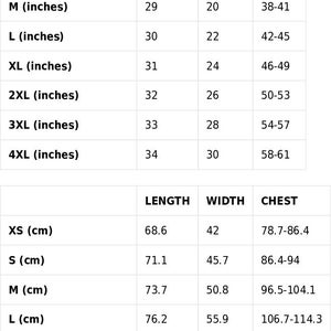 May include: Size guide chart for clothing with measurements in inches and centimetres. The chart lists sizes from XS to 4XL with corresponding length, width, and chest measurements.