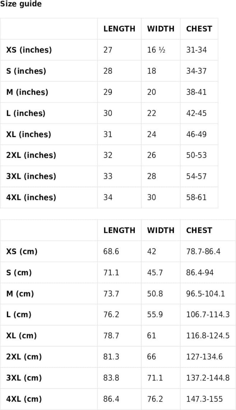 May include: Size guide chart for clothing with measurements in inches and centimetres. The chart lists sizes from XS to 4XL with corresponding length, width, and chest measurements.