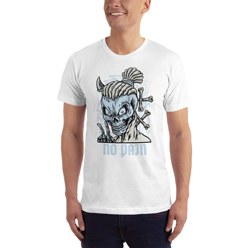 May include: White t-shirt with a blue and gray illustration of a skull with dreadlocks and the text "NO PAIN".