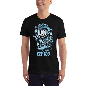 May include: Black t-shirt with a cartoon illustration of a blue skeleton wearing a blue hat and sunglasses, skateboarding. The text "YZY 700" is printed below the illustration.