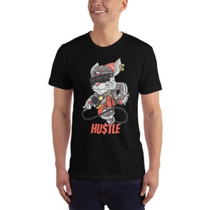 May include: Black t-shirt with a cartoon rabbit wearing a hat, sunglasses, and a gold chain. The rabbit is holding a microphone and a dollar bill. The text "HUSTLE" is printed below the rabbit.