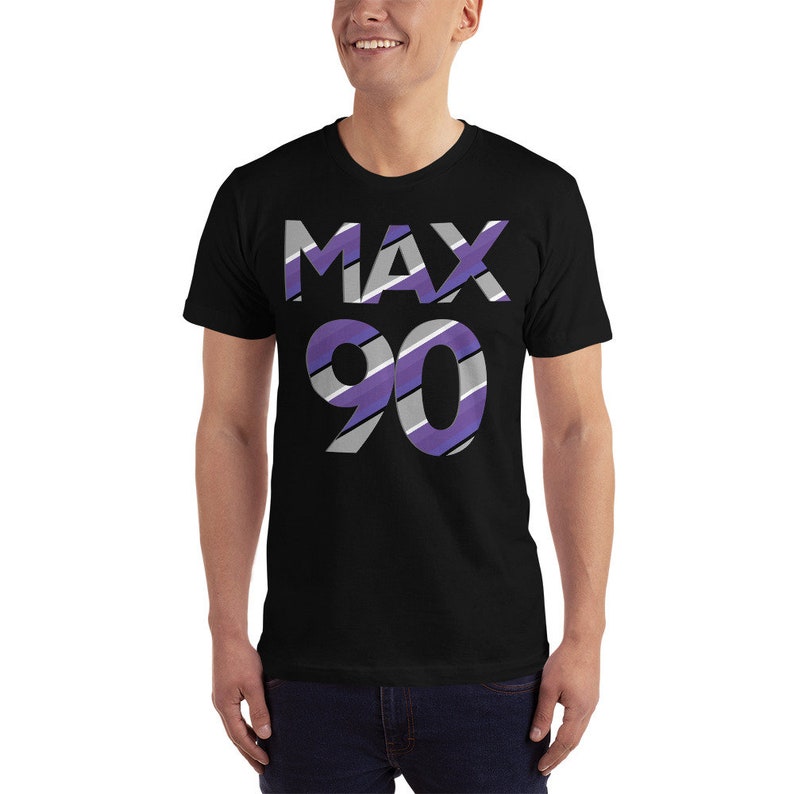 May include: Black t-shirt with a white and purple striped graphic that says "MAX 90".