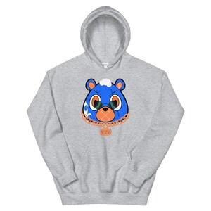 May include: A gray hoodie with a blue bear face graphic. The bear has a chain with a pendant that says "YZY".