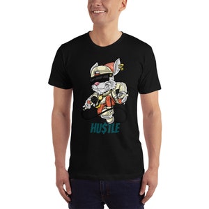 May include: Black t-shirt featuring a cartoon rabbit wearing a hat, sunglasses, and a gold chain. The rabbit is holding a microphone and the word "HUSTLE" is written below it.