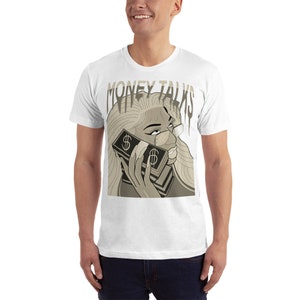 May include: White t-shirt with a graphic print of a woman holding a stack of money to her ear. The text "MONEY TALKS" is printed in dripping letters above the woman's head.