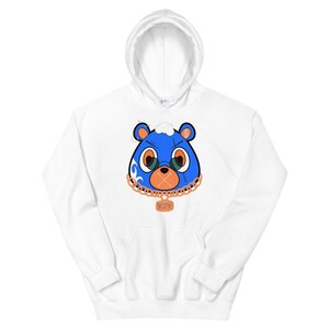 May include: White hoodie with a blue bear face graphic. The bear has a gold chain with a YZY pendant. The bear's eyes are orange and it has a stitched-up mouth.
