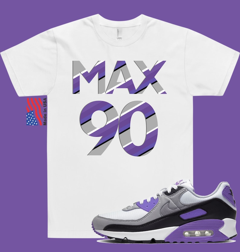 May include: White t-shirt with the text "MAX 90" in purple, gray, and black stripes.  A pair of white, gray, and purple Nike Air Max 90 sneakers.