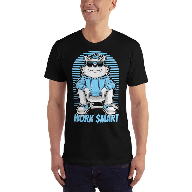 May include: Black t-shirt featuring a cartoon white cat wearing blue sunglasses and a blue hoodie. The cat is sitting with its legs crossed and has the text "WORK $MART" below it.