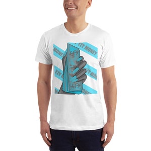 May include: White t-shirt with a blue and white striped pattern. The design features a hand holding a stack of bills with the text "YZY MONEY" on the shirt.