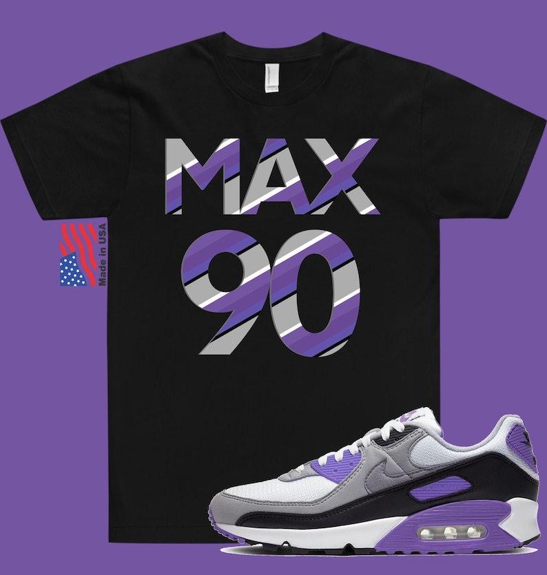 May include: Black t-shirt with "MAX 90" printed in purple, gray, and white stripes.  A pair of white, gray, and purple Nike Air Max 90 sneakers.