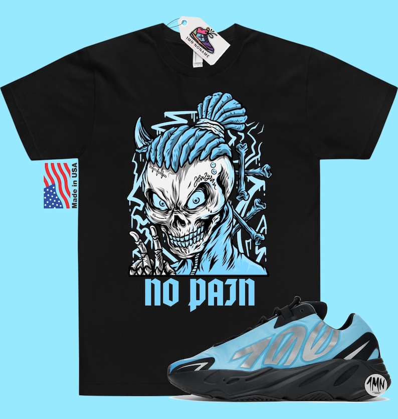 May include: Black t-shirt with a blue skull graphic and the text "no pain".  A pair of blue and black sneakers with the number "700" on the side.