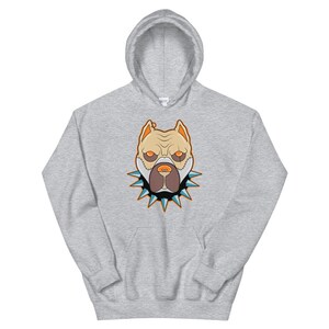 K&ouml;nnte beinhalten: Ein grauer Kapuzenpullover mit einem Cartoon-Bild eines braunen Pitbulls mit orangefarbenen Augen und einem blauen und orangefarbenen Stachelkragen.