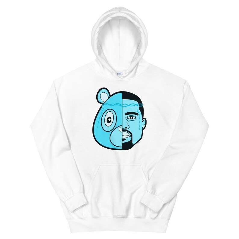May include: White hoodie with a blue and black graphic of a bear and a man's face. The bear's face is on the left side of the graphic and the man's face is on the right side. The graphic is split down the middle with a barbed wire design.