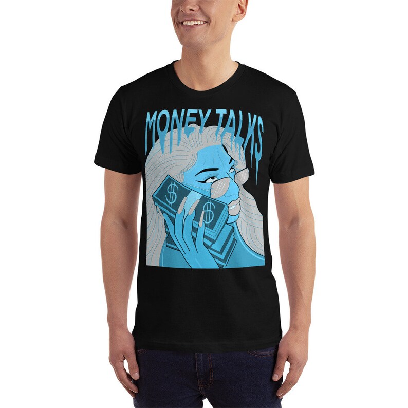 May include: Black t-shirt with a blue graphic of a woman holding a stack of money with the text "MONEY TALKS" above her.