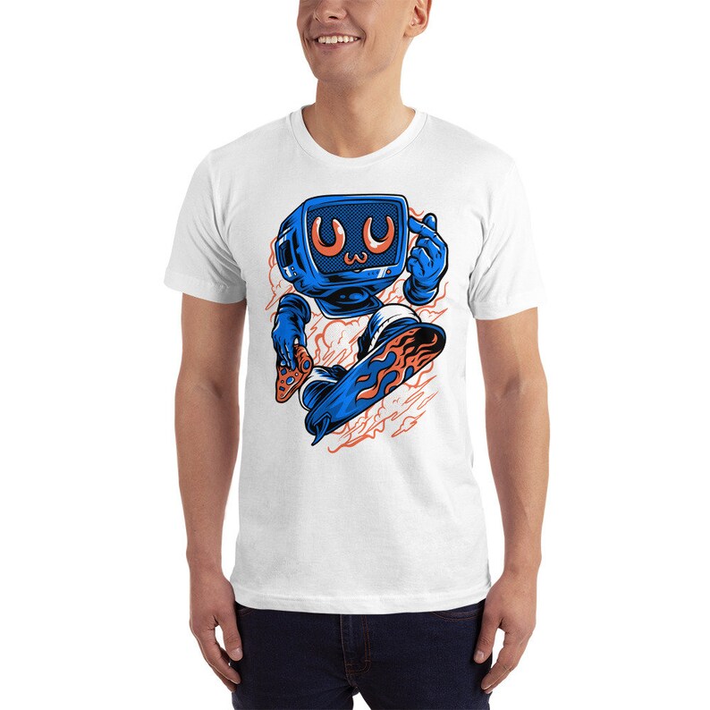 May include: White t-shirt with a blue cartoon character that looks like a television with a surprised expression. The character is holding a video game controller and is skateboarding on a board with flames.