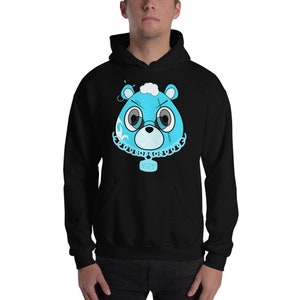 May include: A black hoodie with a blue cartoon bear wearing a chain with a pendant that says "YZY".