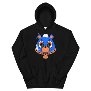 May include: Black hoodie with a blue bear face graphic. The bear has a gold chain with a YZY pendant. The bear's eyes are green and its mouth is crossed out with an orange X.