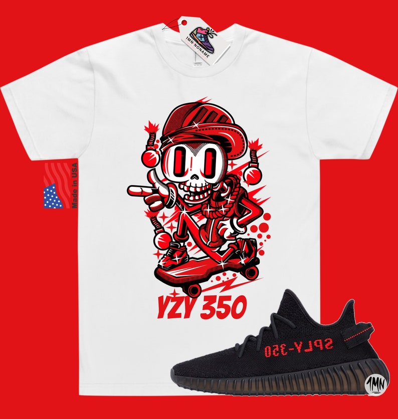 May include: White t-shirt with a red cartoon skeleton character skateboarding and the text "YZY 350". Black and red Yeezy 350 sneakers with the text "SPLY-350" on the side.
