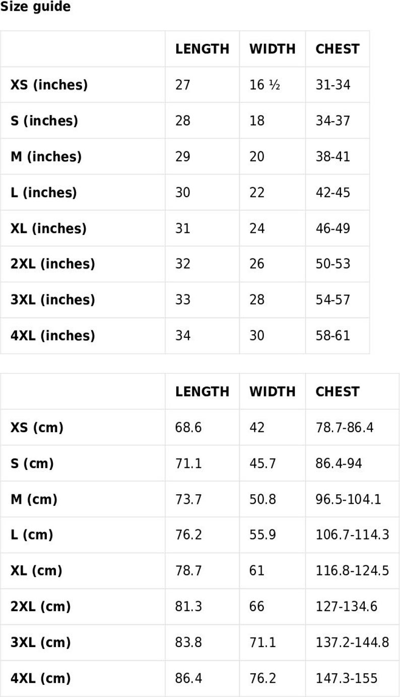 K&ouml;nnte beinhalten: Gr&ouml;&szlig;entabelle f&uuml;r Kleidung mit Ma&szlig;en in Zoll und Zentimetern. Die Tabelle zeigt die L&auml;ngen-, Breiten- und Brustma&szlig;e f&uuml;r die Gr&ouml;&szlig;en XS bis 4XL.