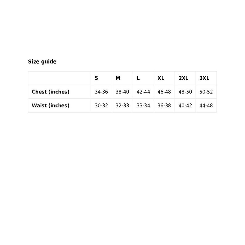 May include: Size guide chart with measurements in inches for chest and waist. Sizes include S, M, L, XL, 2XL, and 3XL.
