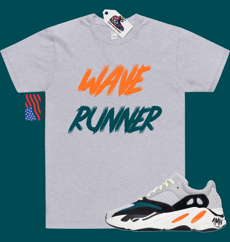 May include: A grey t-shirt with the words "Wave Runner" printed in orange and green. A pair of white, black, green, and orange sneakers are shown below the t-shirt.
