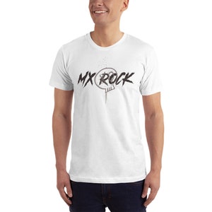 May include: White t-shirt with a black and gray skull graphic and the text "MX ROCK" printed on the front.