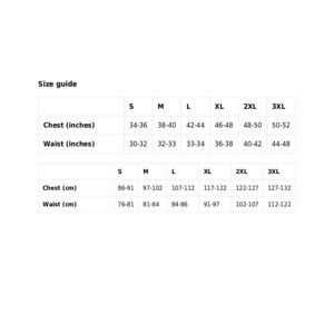 May include: Size guide chart with measurements in inches and centimeters for chest and waist. Sizes range from S to 3XL.