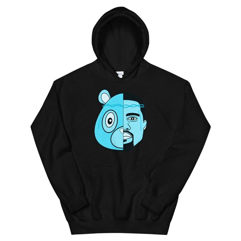 May include: Black hoodie with a blue and white graphic of a bear and a man's face. The bear's face is on the left side of the graphic and the man's face is on the right side. The graphic is in the center of the hoodie.