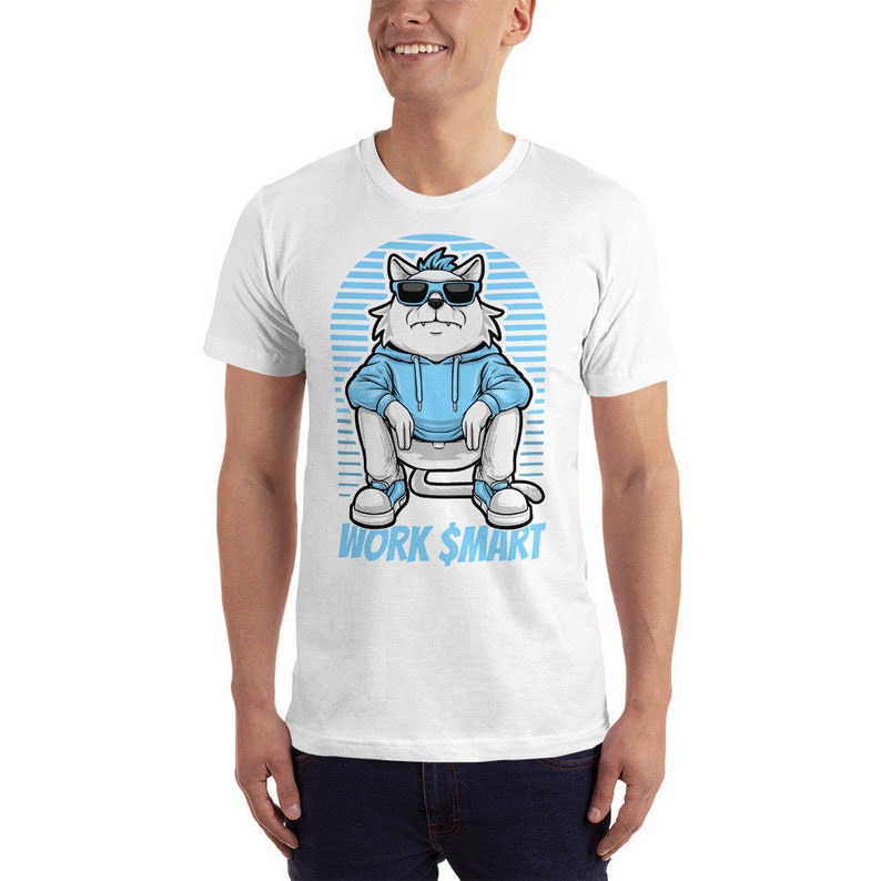May include: White t-shirt featuring a cartoon cat wearing sunglasses and a blue hoodie. The cat is sitting with its legs crossed and the text "WORK $MART" is below the cat.