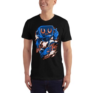 May include: Black t-shirt with a graphic of a blue cartoon character with a television for a head. The character is skateboarding and holding a video game controller. The character's eyes are orange and have the text "UwU" on the screen.