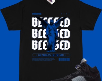 JORDAN 5 Racer Blue Matching T-Shirt "BLESSED" Jordan 5 racer blue shirt (Black)
