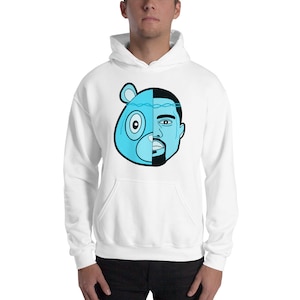 May include: White hooded sweatshirt with a blue and black graphic of a bear and a man's face.