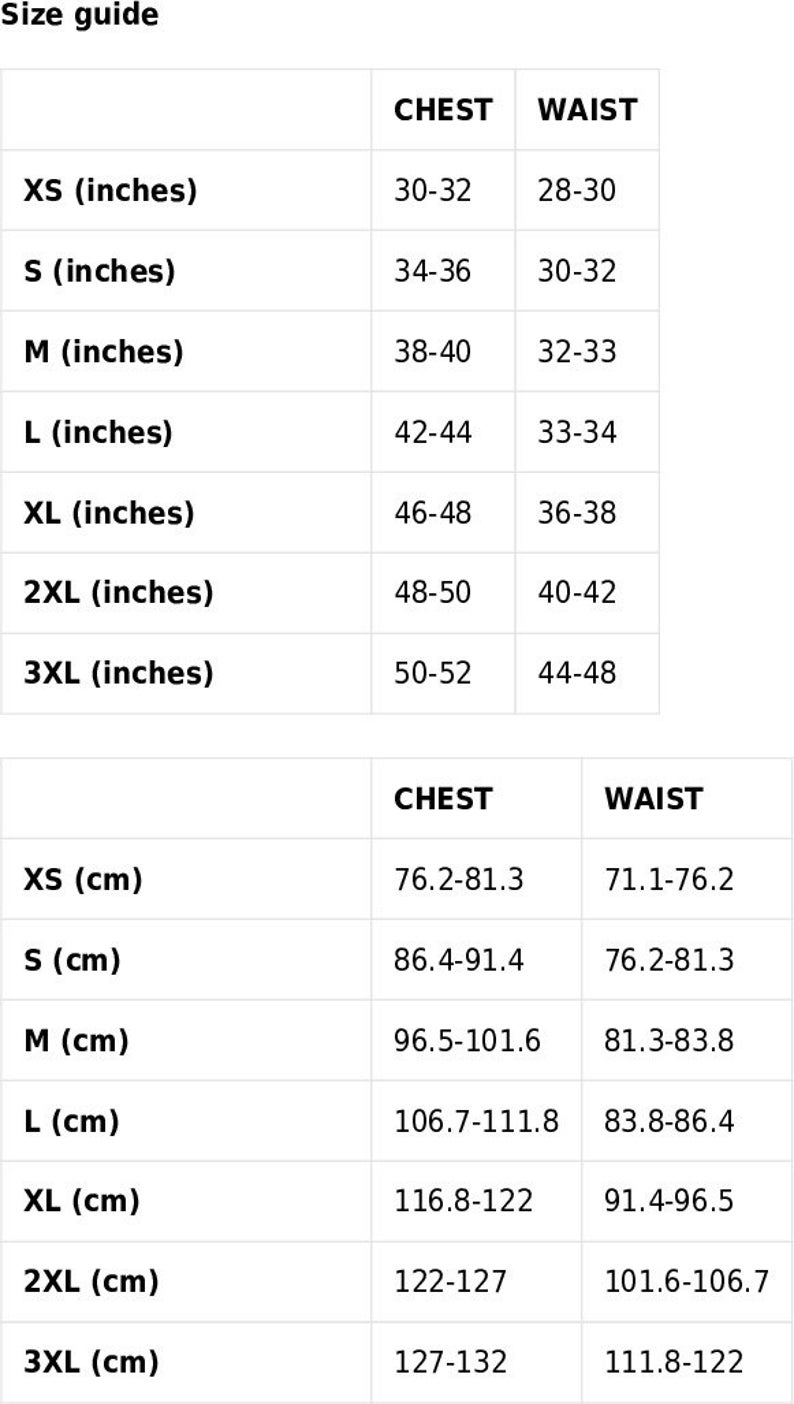 May include: Size guide chart for clothing with measurements in inches and centimeters. The chart shows chest and waist measurements for sizes XS to 3XL.