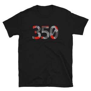 May include: Black t-shirt with a large number "350" printed on the front. The number is in a camouflage pattern with red and gray accents.
