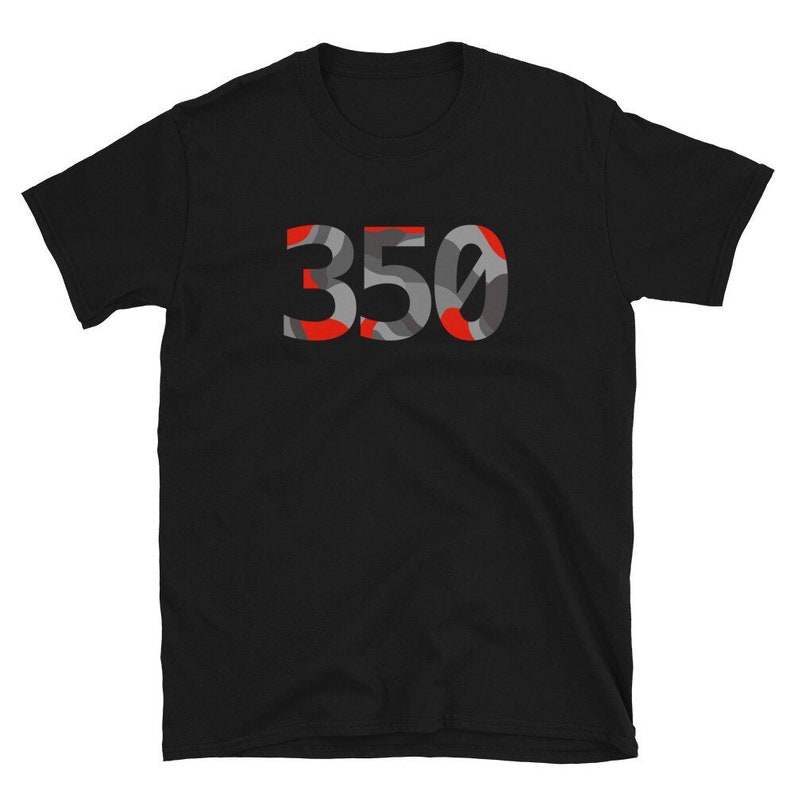 May include: Black t-shirt with a large number "350" printed on the front. The number is in a camouflage pattern with red and gray accents.